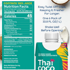 Thai Coco Coconut Water, 100% Pure & Unsweetened, No Sugar Added, USDA, Natural Electrolytes Hydration Drink, 33.8 fl oz Tetra Carton (Pack of 6)